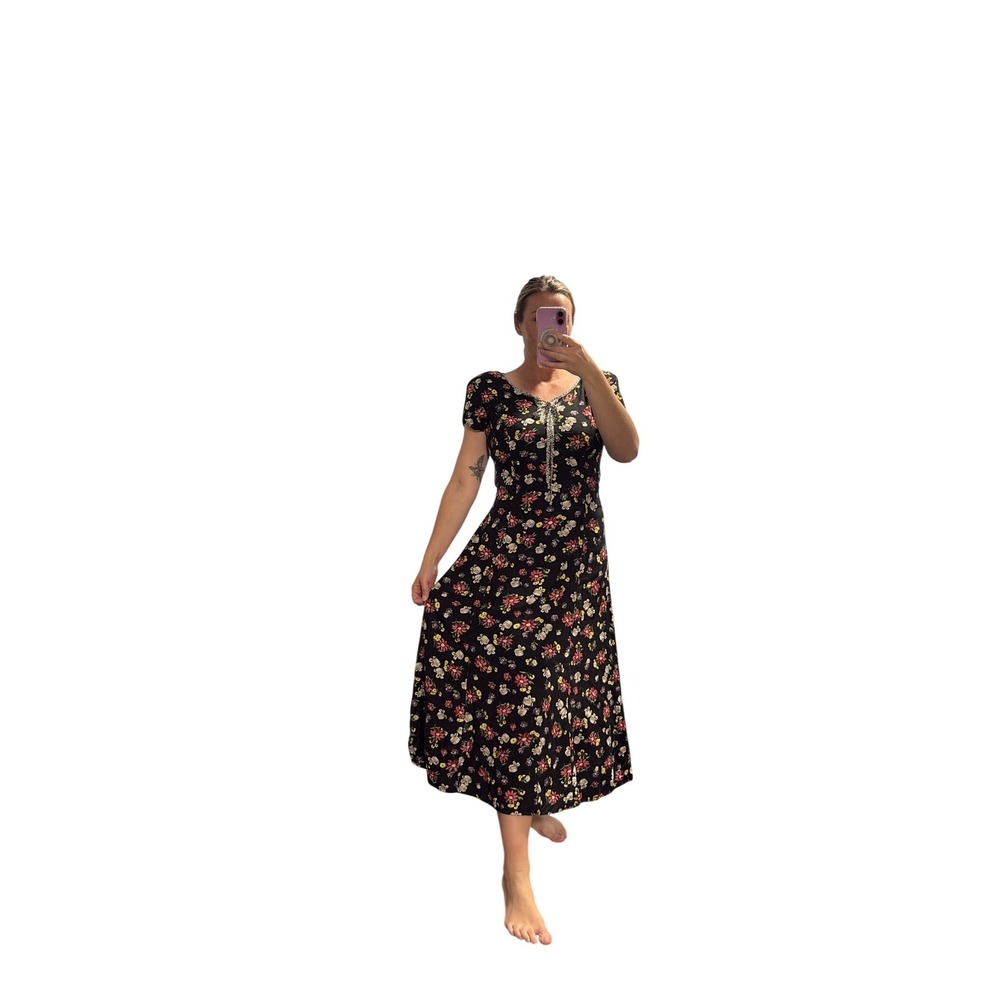 Women M/L Vintage Dress Maxi Floral Short Sleeve 90s Feminine Garden Coquette - Picture 15 of 15